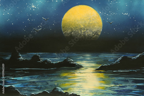 Full moon illustration from the shore reflected by the sea, with clear blue sky surrounded with stars. photo