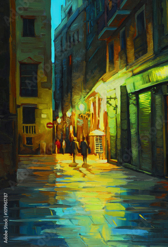 night landscape in barcelona gothic quarter with the rain, painting