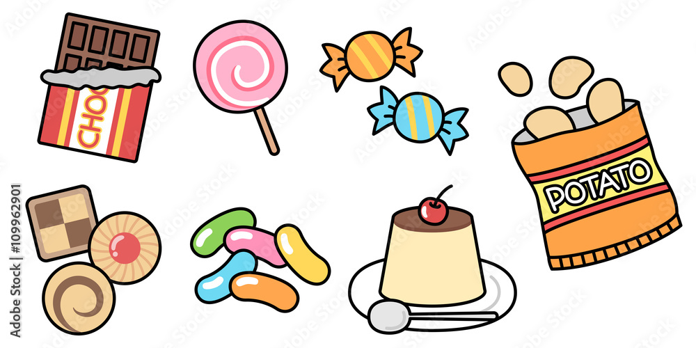 お菓子のイラスト セット素材 チョコ クッキー キャンディ ポテチ プリン Stock Illustration Adobe Stock