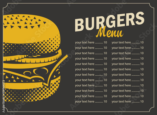 burger menu with price list and picture cheeseburger on a black background in retro style