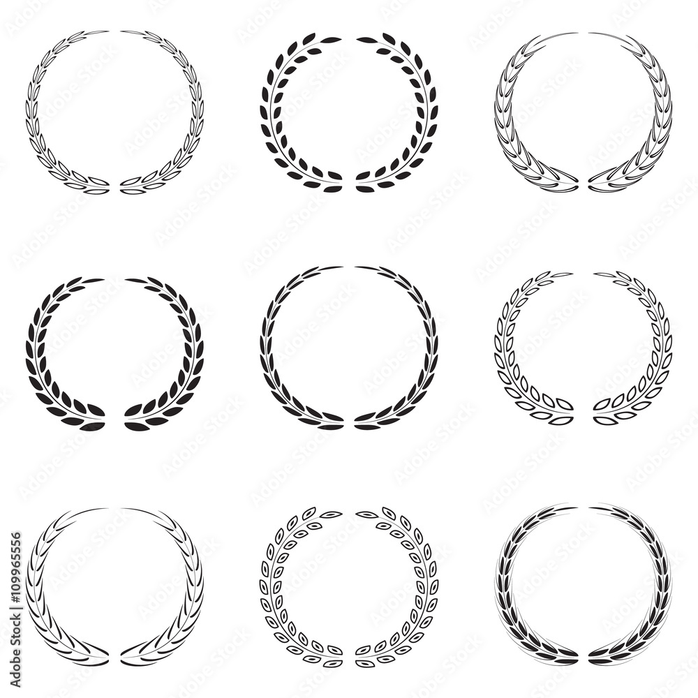 Fototapeta premium Circular laurel foliate and wheat wreaths, set, black isolated on white background, vector illustration.