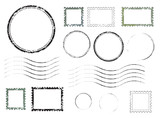 Set of postal stamps and postmarks, isolated on white background, vector illustration.