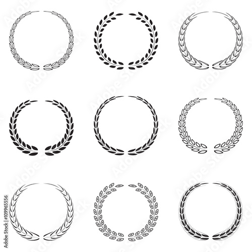 Circular laurel foliate and wheat wreaths, set, black isolated on white background, vector illustration.