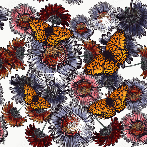 Seamless  floral background  with daisy flowers and butterflies