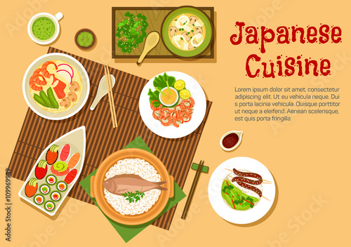 Traditional japanese seafood dishes flat icon