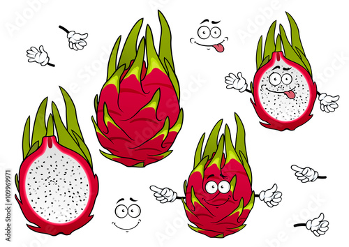 Vivid exotic pitaya fruits cartoon characters
