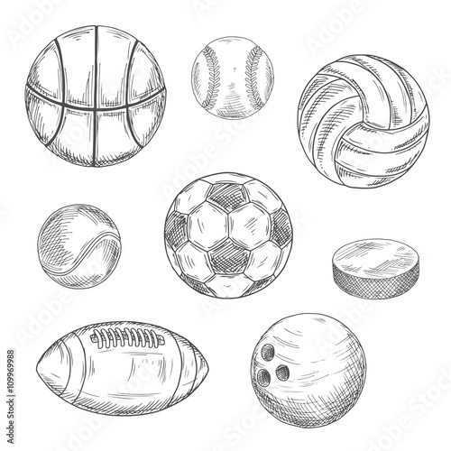 Sporting balls and hockey puck sketch icons