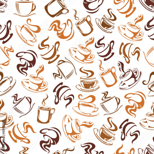 Seamless pattern of coffee drinks in brown colors