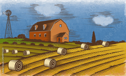 Farm landscape. Engraved Color Vector Illustration.