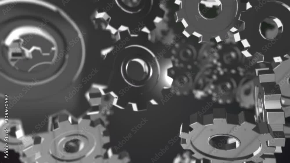 Seamless looping 3d animation of a giant rotating blue wireframe gears machine