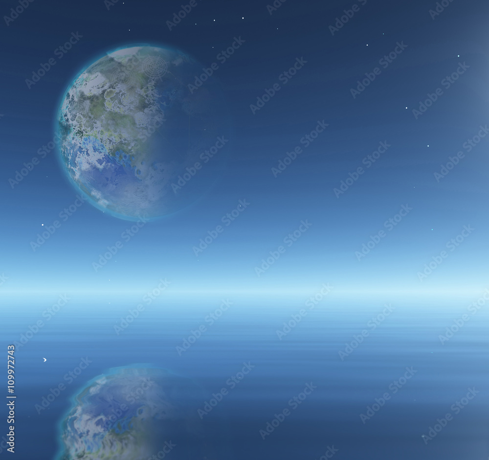 Terraformed Moon over water surface