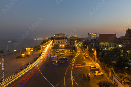 Urban view of the city of Phnom Penh by night, Cambodia