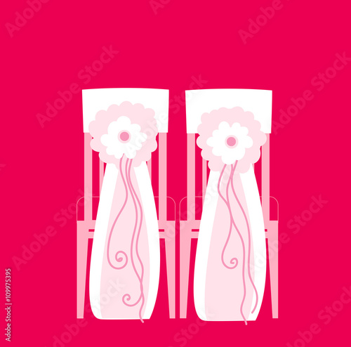 Wedding chairs decorated with ribbon and flowers. Vector illustration