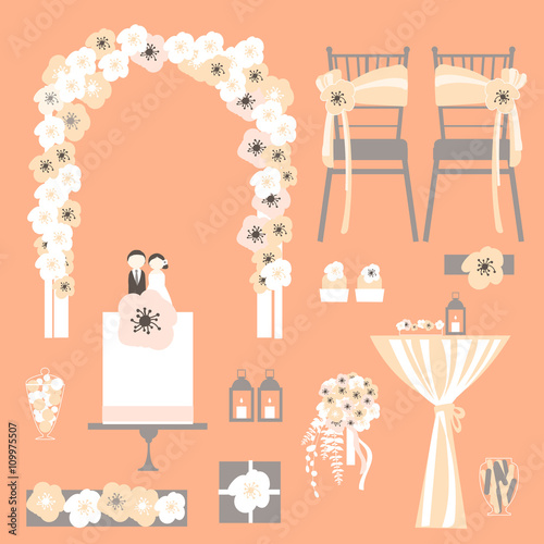 Vector set of decorative wedding elements. Chairs, arch, cake, lanterns, table, flowers. Vector illustration.