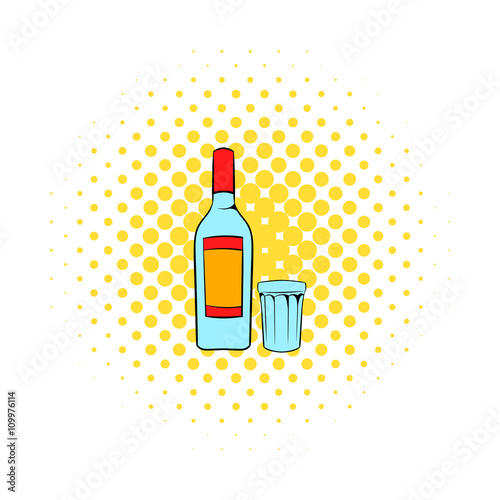 Bottle of vodka and glass icon, comics style
