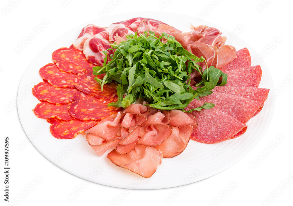 Delicious meat platter with arugula.