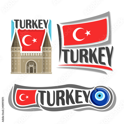 Vector logo for Turkey, consisting of 3 isolated illustrations: Topkapi Palace in Istanbul on background of national state flag, symbol of Turkey and turkish flag beside amulet Nazar boncugu close-up photo