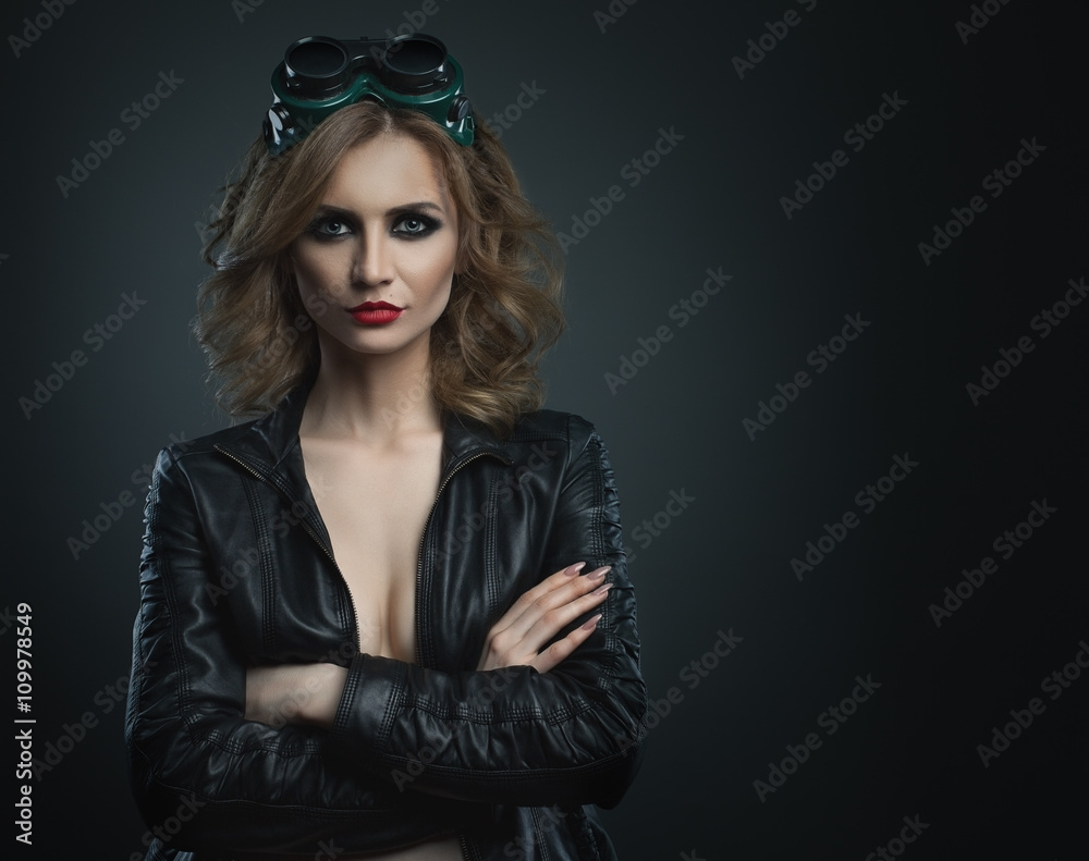 Young beauty woman in welder glass studio fashion shot Young beauty woman in welder glass studio fashion shot