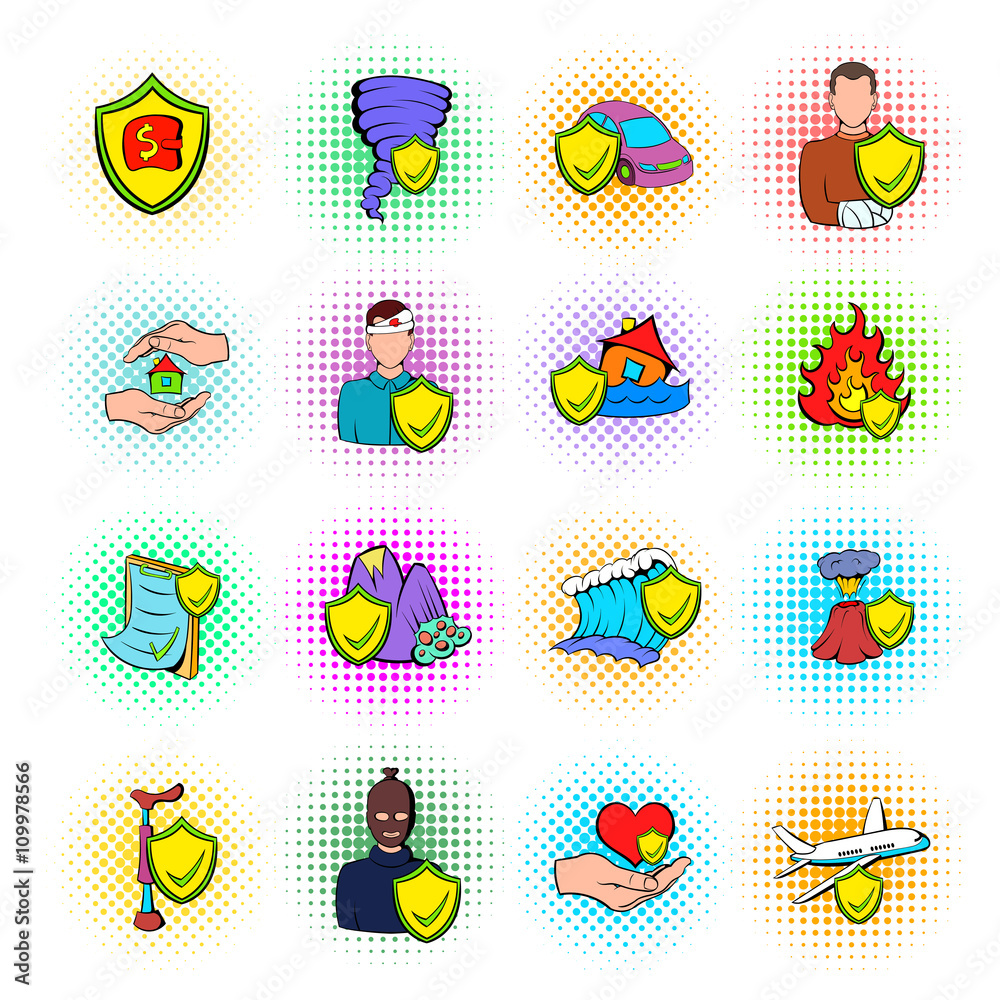 Insurance icons set, pop-art style Insurance icons set, pop-art style