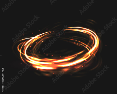 The tornado of light with sparkling lines. Bokeh particles on the swirling circles. Motion element on black background glowing light. Shiny gold color dodge effect. Vector illustration.