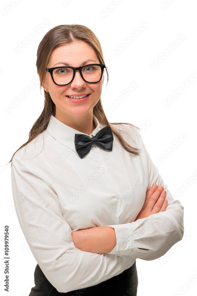 Beautiful young brunette in a black bow tie and a stylish glasse Beautiful young brunette in a black bow tie and a stylish glasse