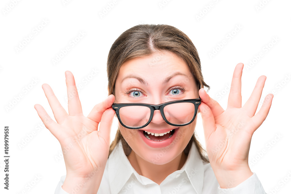 emotional woman face - office worker wearing glasses emotional woman face - office worker wearing glasses