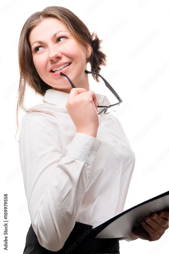 portrait of a beautiful secretary with glasses on a white backgr portrait of a beautiful secretary with glasses on a white backgr