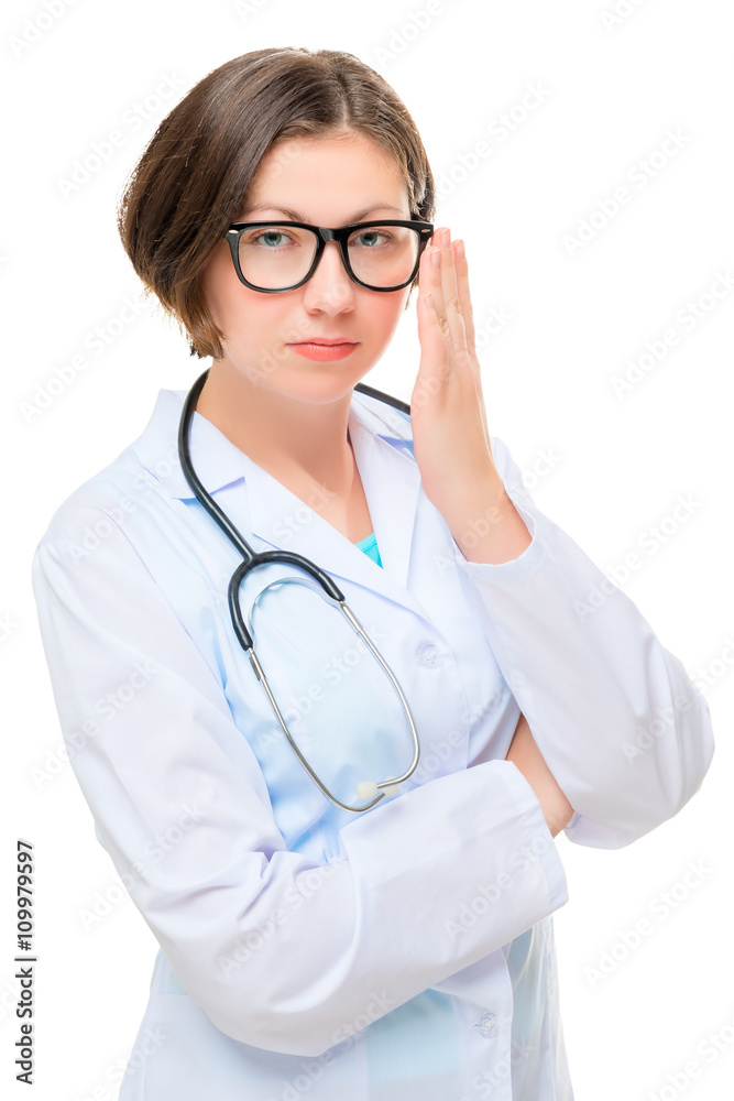Portrait of a brunette doctor in glasses on a white background i Portrait of a brunette doctor in glasses on a white background i
