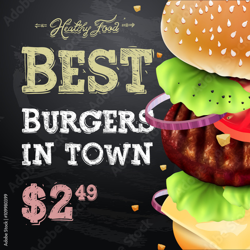 Burger house poster on chalkboard, fastfood, vector illustration.