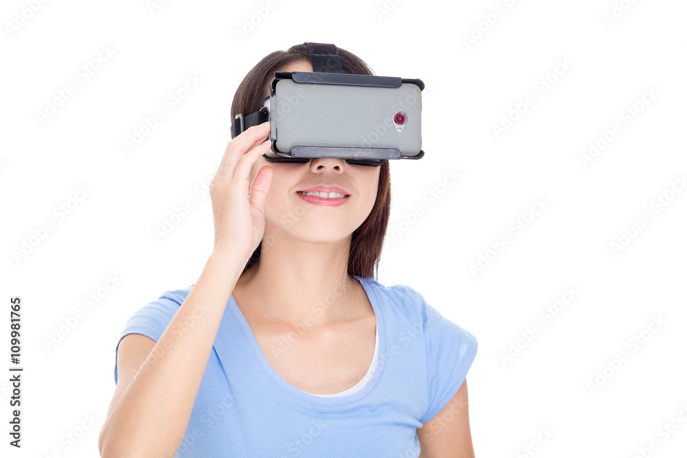 Woman getting experience using VR-headset glasses