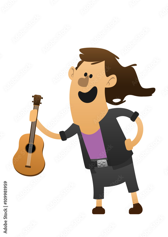 cartoon character cheerful guitarist with guitar