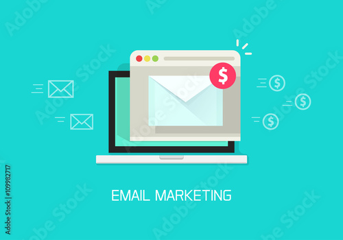 Email marketing vector illustration concept, laptop computer email with browser window, internet digital letter, communication, flat cartoon banner element design isolated on blue background