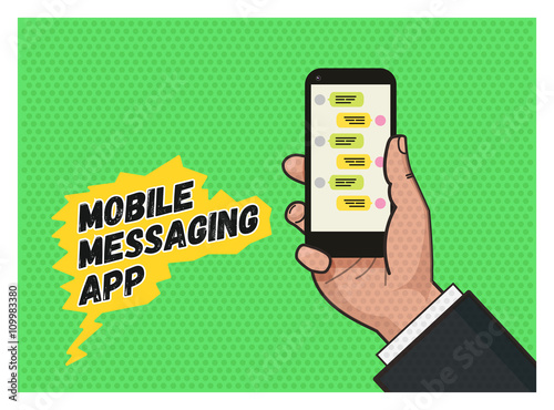 writing a message on mobile app. Hand holding a mobile phone against green background. Pop art illustration in vector flat format. Old style of a texture. Mobile messaging app
