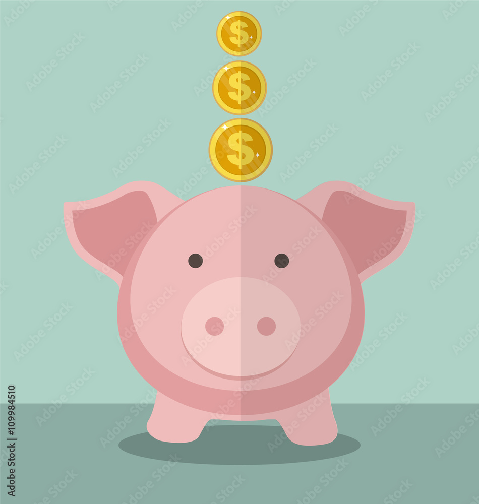 Cute Piggy Bank And Gold Coin With Flat Design, Saving Money Concept