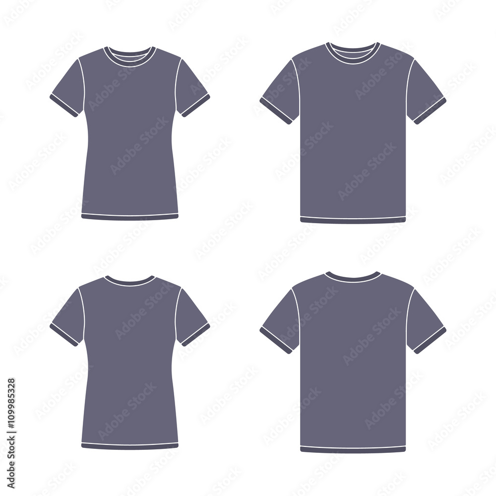 Mens and womens black short sleeve t-shirts templates. Front and back views. Vector flat illustrations Mens and womens black short sleeve t-shirts templates. Front and back views. Vector flat illustrations