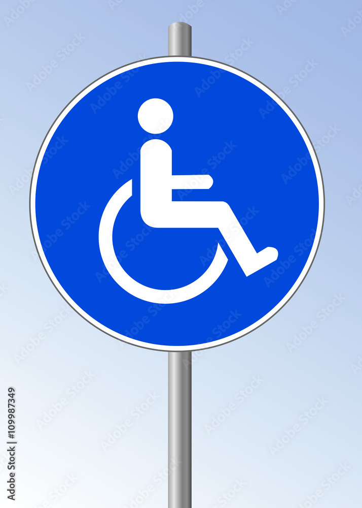 Verkehrsschild Rollstuhlfahrer mit Behinderung blau Verkehrsschild Rollstuhlfahrer mit Behinderung blau