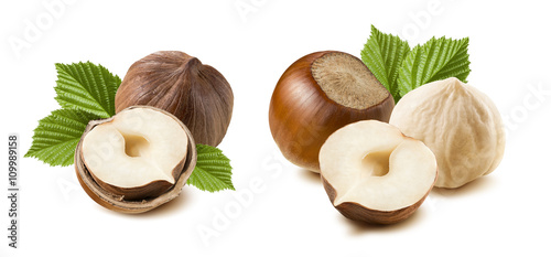Canvastavla Double combo hazelnut nut set leaves isolated on white backgroun