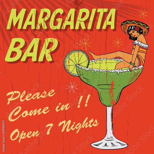 Vintage Margarita Bar Sign, Illustration of Mexican woman in a margarita glass