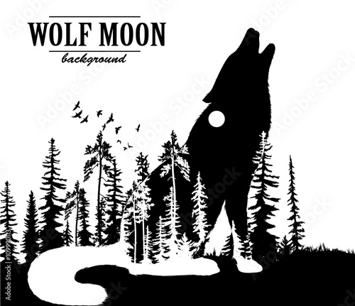 Howling wolf double exposure illustration with moon and forest background