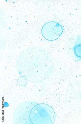 Abstract watercolor blue stain background with blue soap round bubbles and splash. Many blue circles and dots. Blue soapy bubbles.