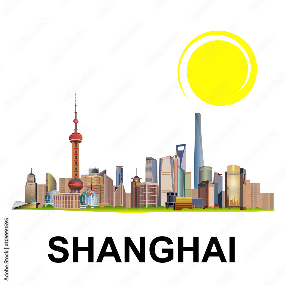 Shanghai skyline. Hand drawn detailed vector illustration of city skyline on white background.