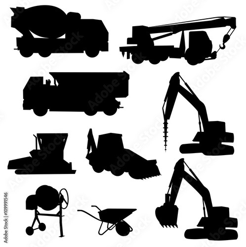Set of building machines vector silhouettes.