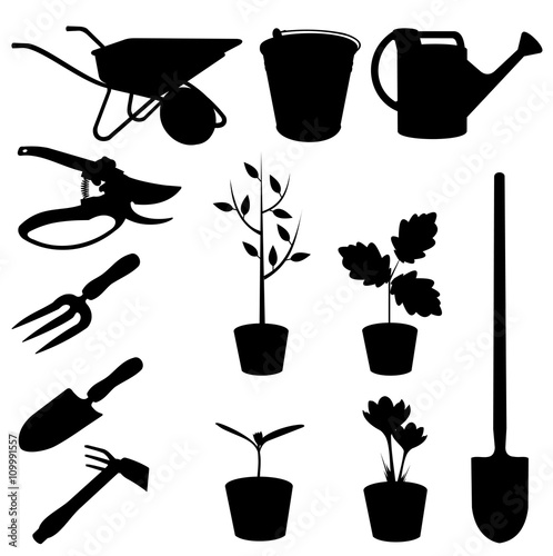Set of garden tools vector silhouettes.