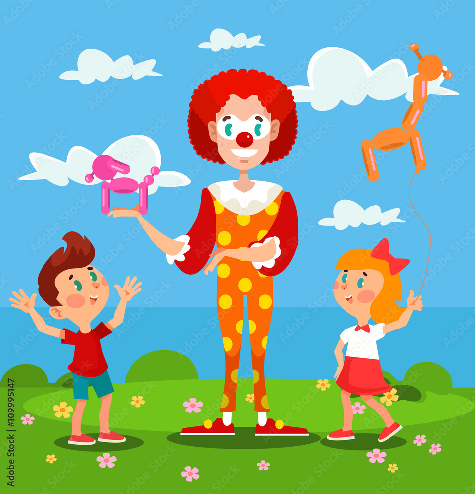 Clown is making balloon animals for children. Vector flat cartoon illustration