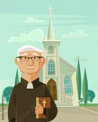 Catholic priest and church. Vector flat cartoon illustration