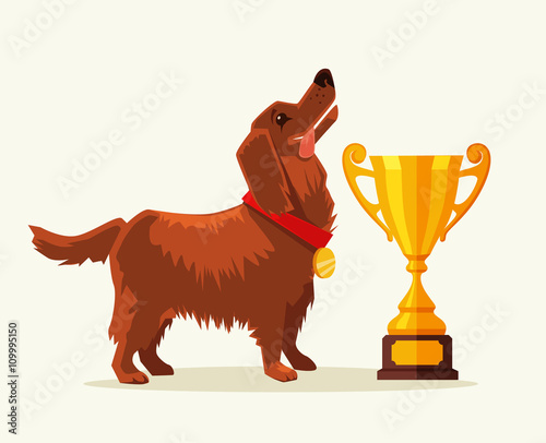 Dog champion with gold cup. Vector flat cartoon illustration