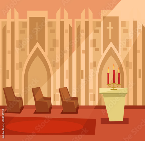 Empty church room inside. Vector flat cartoon illustration