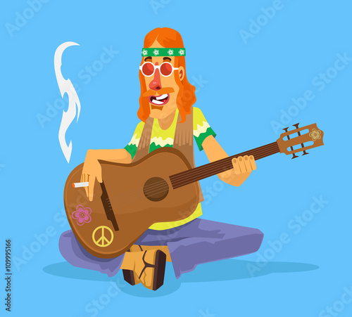 Hippie man plays guitar. Vector flat cartoon illustration
