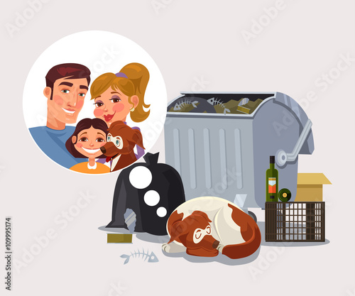 Homeless dog remember about family. Vector flat cartoon illustration
