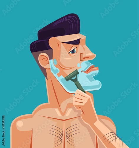 Man shaving face. Vector flat cartoon illustration